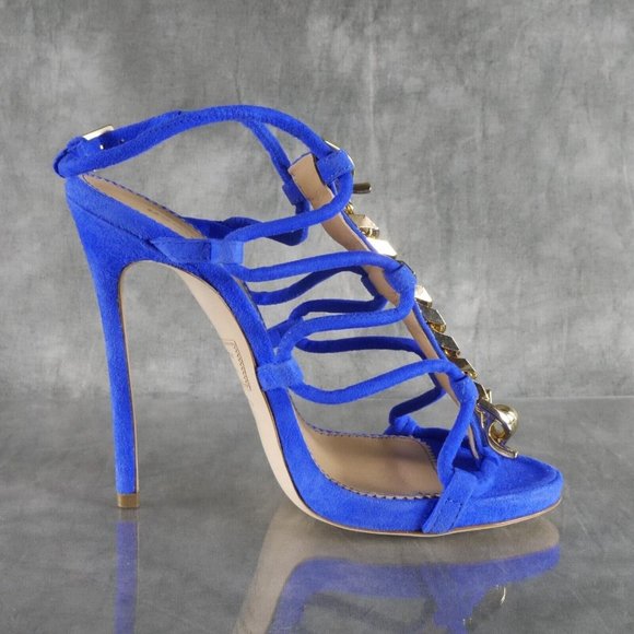 NIB Dsquared2 BABE WIRE Gold-Tone Chain Blue STILETTO HEELS Sz 6* US 36 EU ANB - Picture 3 of 13